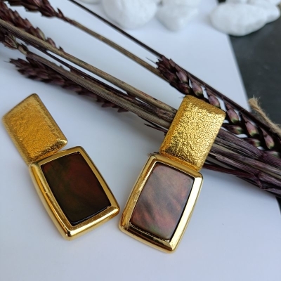 Vintage επιχρυσωμένα σκουλαρίκια από ανοξείδωτο ατσάλι και καφέ λεπτομέρειες