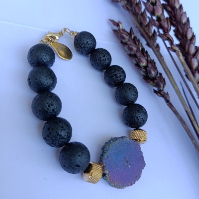 Βραχιόλι με χάντρες από λάβα ανοξείδωτο ατσάλι και ημιπολύτιμες πέτρες