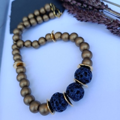 Κολιέ με ξύλινες χάντρες και ανοξείδωτο ατσάλι