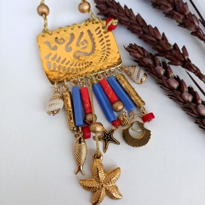 Κολιέ από ανοξείδωτο ατσάλι ημιπολύτιμες χάντρες γυάλινες χάντρες και ξύλινες χάντρες